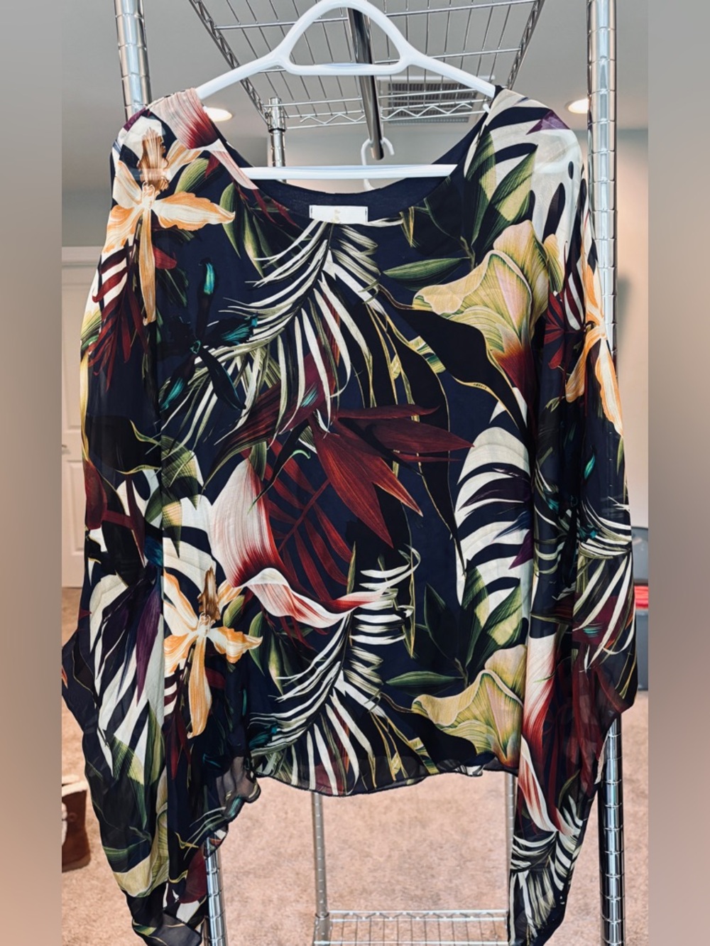 Belle France tropical print 100% silk 2 pc blouse poncho tunic and tank size XL